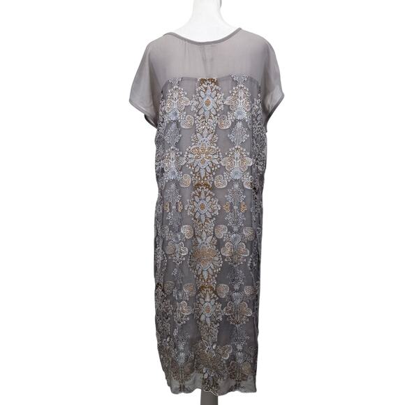 SUNDANCE Floral Embroidered Sheer Overlay Cocktail Dress L Gray Bohemian Luxe - Picture 6 of 11